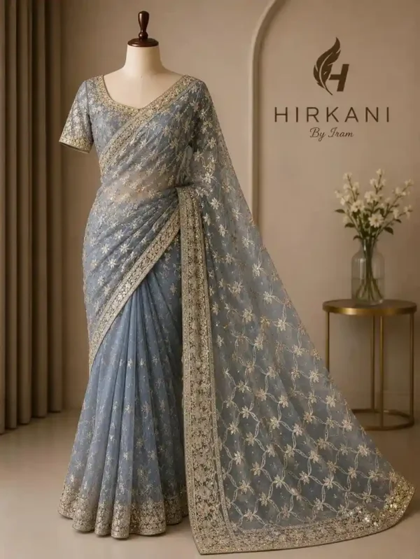 Aarohi Mist Sky Embroidered Net Saree
