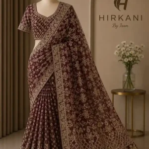Gulnaar Maroon Gold Embellished Net Saree