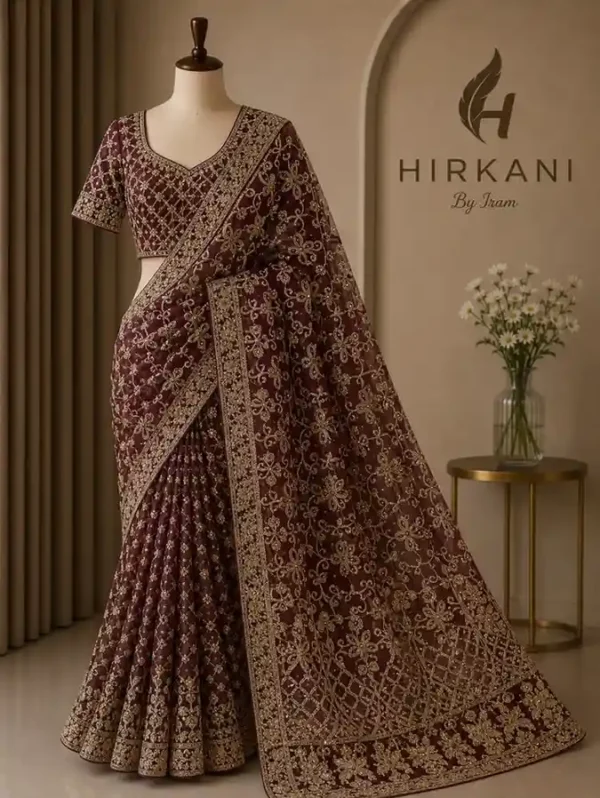 Gulnaar Maroon Gold Embellished Net Saree